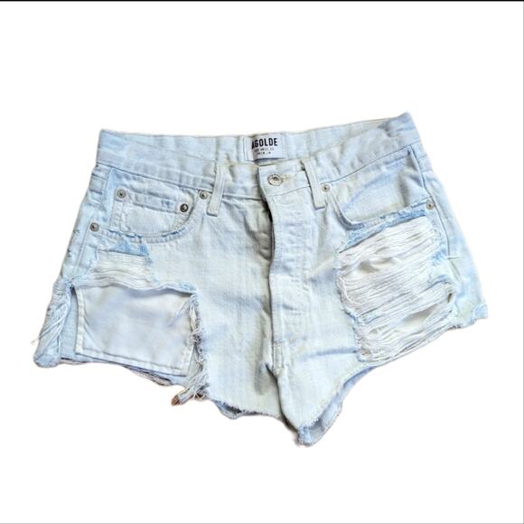 Agolde Parker Cut Off Destroyed Extreme Distressed High Rise Raw Hem Shorts